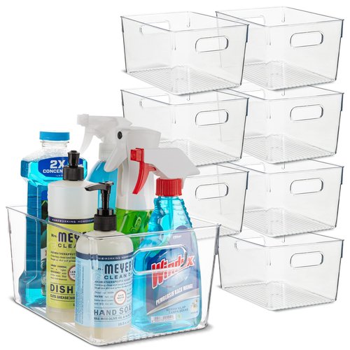 Plastic Food Storage 8 Pack Clear Container Bin with Handles for Organizing Kitchen, Pantry, Refrigerator, Freezer, Pantry, Cabinet, Closet, Bathroom. 10”x7.5”x5.3”