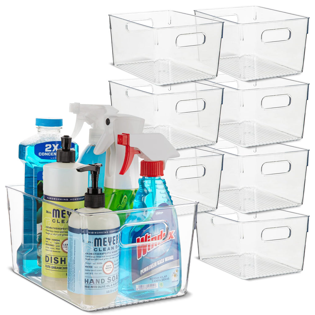 Plastic Food Storage 8 Pack Clear Container Bin with Handles for Organizing Kitchen, Pantry, Refrigerator, Freezer, Pantry, Cabinet, Closet, Bathroom. 10”x7.5”x5.3”