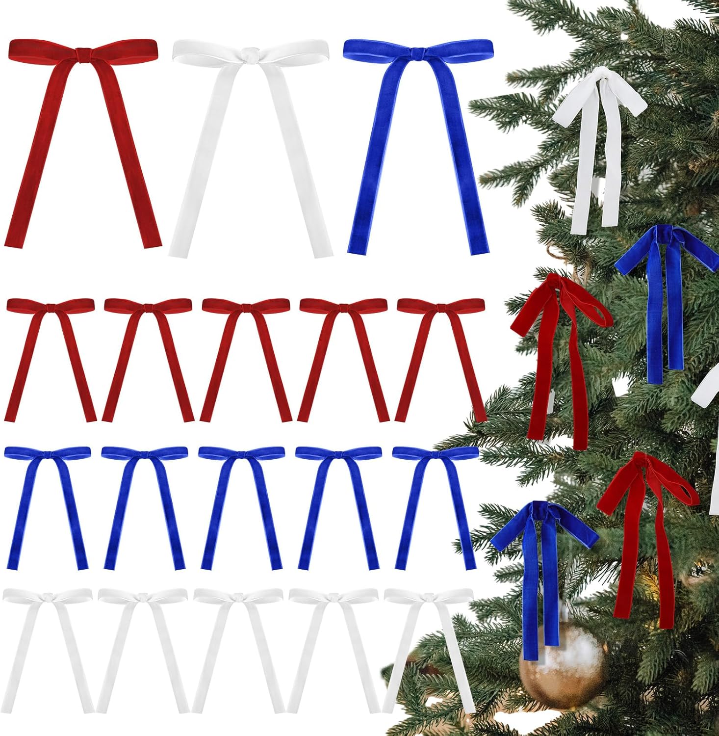 Skiennix 24 Pcs Velvet Bows - Vintage Ribbon Bows for Christmas Tree & Crafts | 5 x 7 Inch, Blue, White, Red