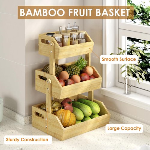 JANSNIMEN 3 Tier Bamboo Fruit Basket, Fruit Basket for Kitchen Counter Fruit Bowl Fruit and Vegetable Storage, Fruit Bowl for Onion Potato Bread Snack Organizer and Kitchen Decor