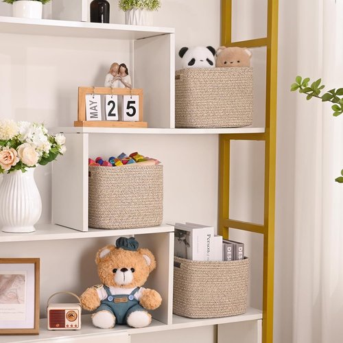 Jute 3 Pack Cube Storage Bins - 9”x9”x7” Cotton Rope Baskets for Organizing Toys, Clothes & More