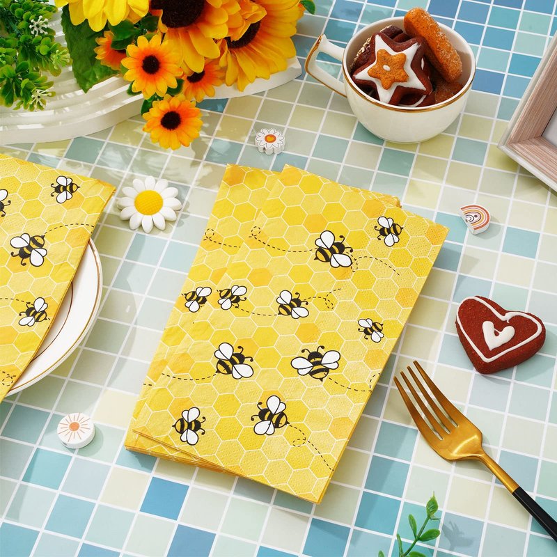 Whaline Bee Guest Napkins 3 Ply Disposable Paper Pack Yellow Honeycomb Dinner Hand Napkin Towel for Happy Bee Day Summer Spring Wedding Birthday Party Table Decorations, 80Pcs
