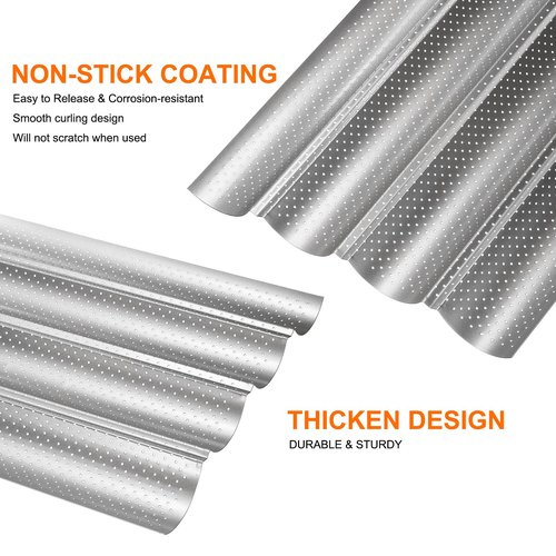 uxcell 2Pcs Perforated French Bread Baking Pan, 15" x 13" Toast Molds Tray, 4 Wave Loaves Baking Tray for Baking Loaf Bread (Silver Tone)