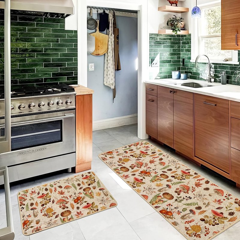 Baccessor Mushroom Fall Kitchen Mats Set of 2, Autumn Kitchen Rugs for Floor Low-Profile Farmhouse Fall Thanksgiving Home Decor 17x29 and 17x47 Inch