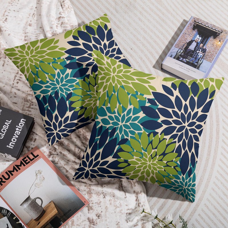 Smozenith Navy Blue Green Teal Pillow Covers 18X18 Inch Set of 2, Modern Geometry Dahlia Floral Print Decorative Throw Pillow Covers Outdoor Farmhouse Cushion Case for Home Couch Sofa Bed Decoration