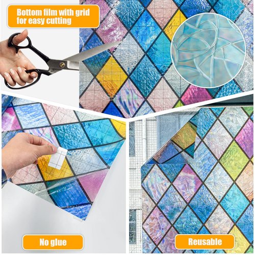 Countewol Rainbow Privacy Window Film Stained Glass Window Film That is Adhesive-Free, Residue-Free, Reusable, and Easy to Install with Tools. (Rainbow, 35.4 X 157.4 in)