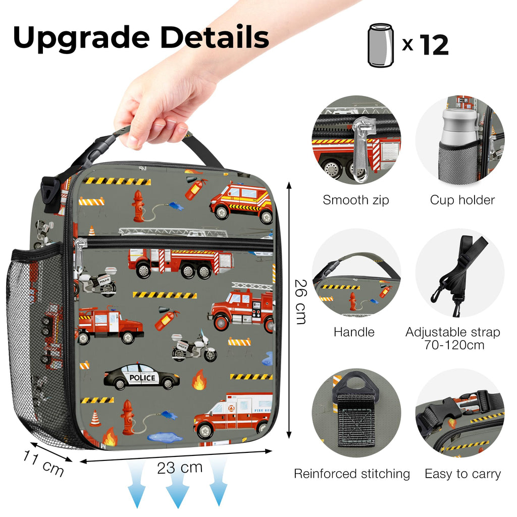 Clastyle Car Insulated Kids Lunch Bag Truck Large Thermal Cooler Bag for Boy Picnic School Lunch Box Tote,Fire Engine