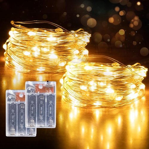 Fairy Lights | 50 LED Battery Operated String Lights - 16.4ft Waterproof Silver Wire for Christmas & Party Decor (Warm White, 2 Pack)