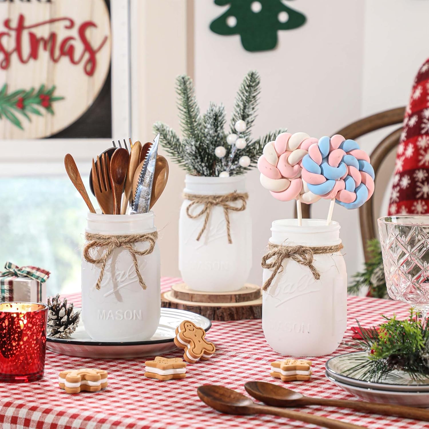 Supreme Lights Christmas Mason Jars - Winter White Decorative Centerpieces for Home Table Decor | Set of 3