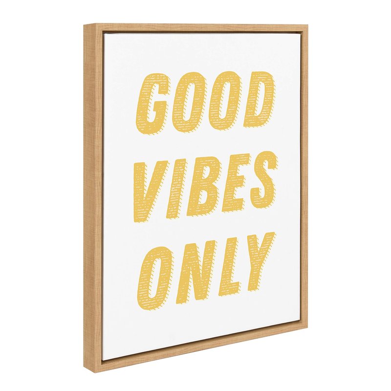Kate and Laurel Sylvie Good Vibes Only in Yellow Framed Canvas Wall Art by Apricot and Birch, 18x24 Natural, Inspiring Positive Art for Wall