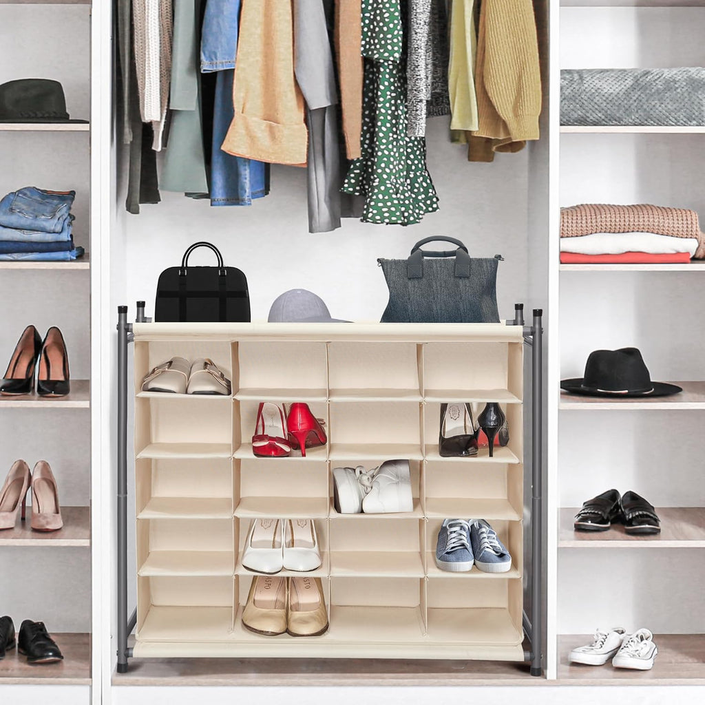Storage Maniac Stackable Shoe Cubby Organizer - 20-Cube Free Standing Rack for Entryway & Bedroom | Beige