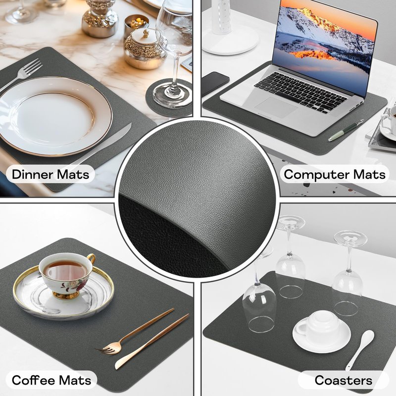 APLKER Vinyl Placemats Set of 6, Waterproof Faux Leather Heat Resistant Kitchen Place Mats, Wipeable Dining Table Place Mats and Coasters for Kitchen, Dining, Decor, Outdoor (Gray)