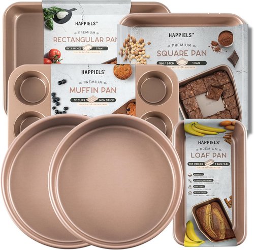 HAPPIELS Nonstick Baking Pans Set - PFOA Free Bundle of 6 | 9-Inch Round, 9x13 Inch, Square, Loaf & Muffin Tin