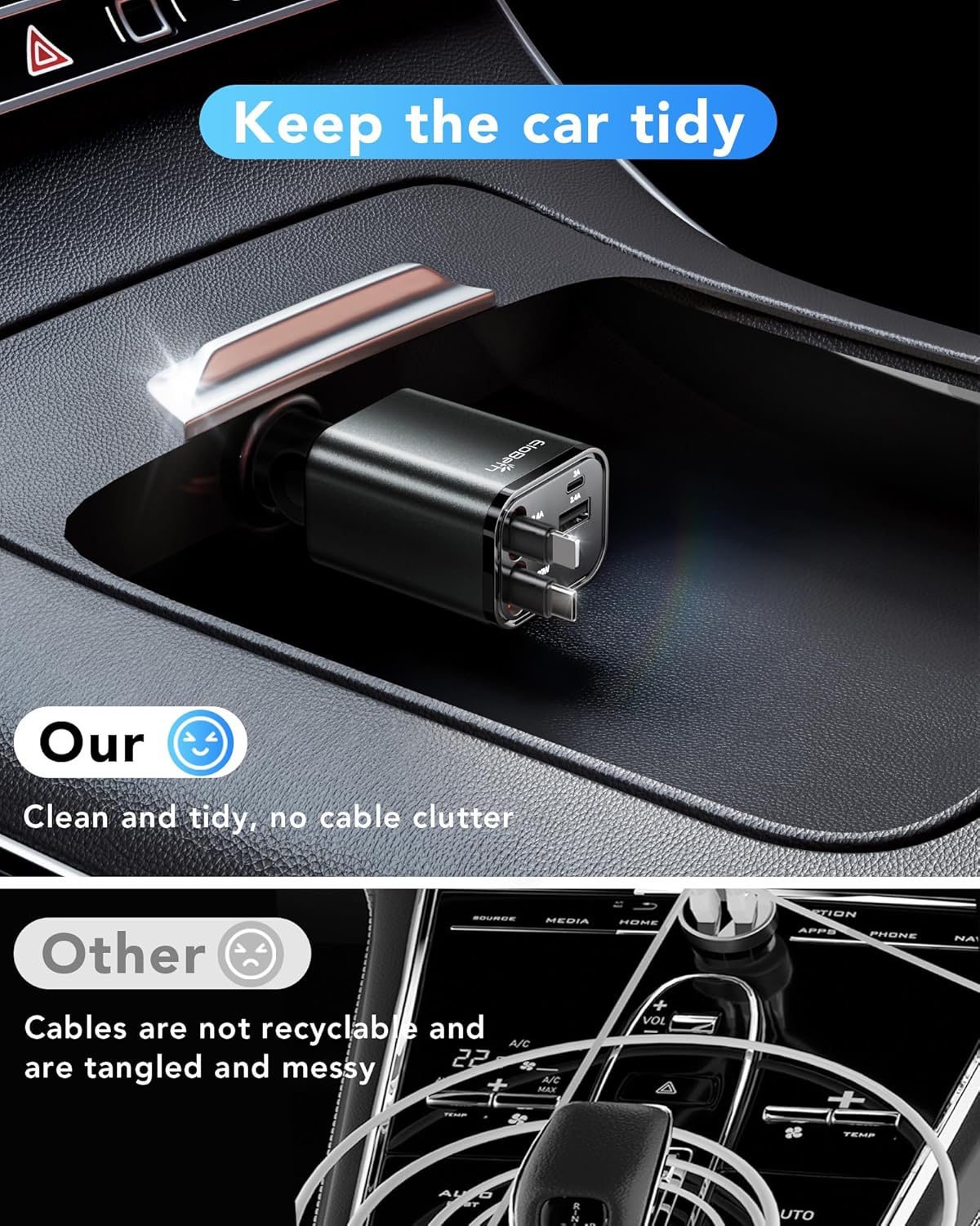 Skiennix Retractable Car Charger - 69W USB-C Fast Charging for iPhone 17/16/15/14 & Galaxy | Road Trip Essential