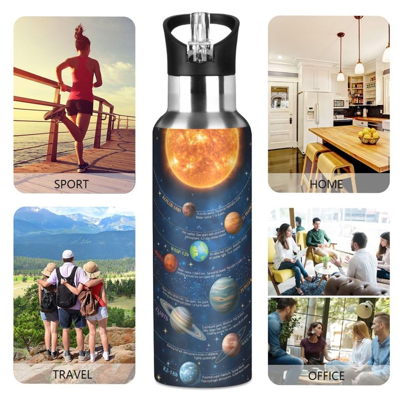 Space Water Bottle with Straw Lid Solar System Galaxy Kids Insulated Stainless Steel Water Flask Sports, 20 Oz Hot Cold