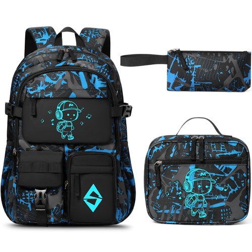 Fimibuke Backpack for School Boys, 3 PCS Cool Luminous Kids Backpacks with Lunch Box & Pencil Pouch, Toddler Teen Glow in The Dark Backpack Bookbag Schoolbag Set for Elementary to High School Students