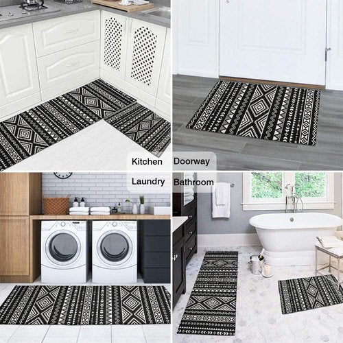 Ideasonna Black Boho Kitchen Rug Mat Decor Black and White Kitchen Rugs Sets of 2 Non-Slip Washable Kitchen Mats for Floor 2 Piece