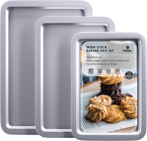 HONGBAKE Nonstick Cookie Sheet Set - 3 Pack Baking Pan with Wider Grips | Noble Silver Finish