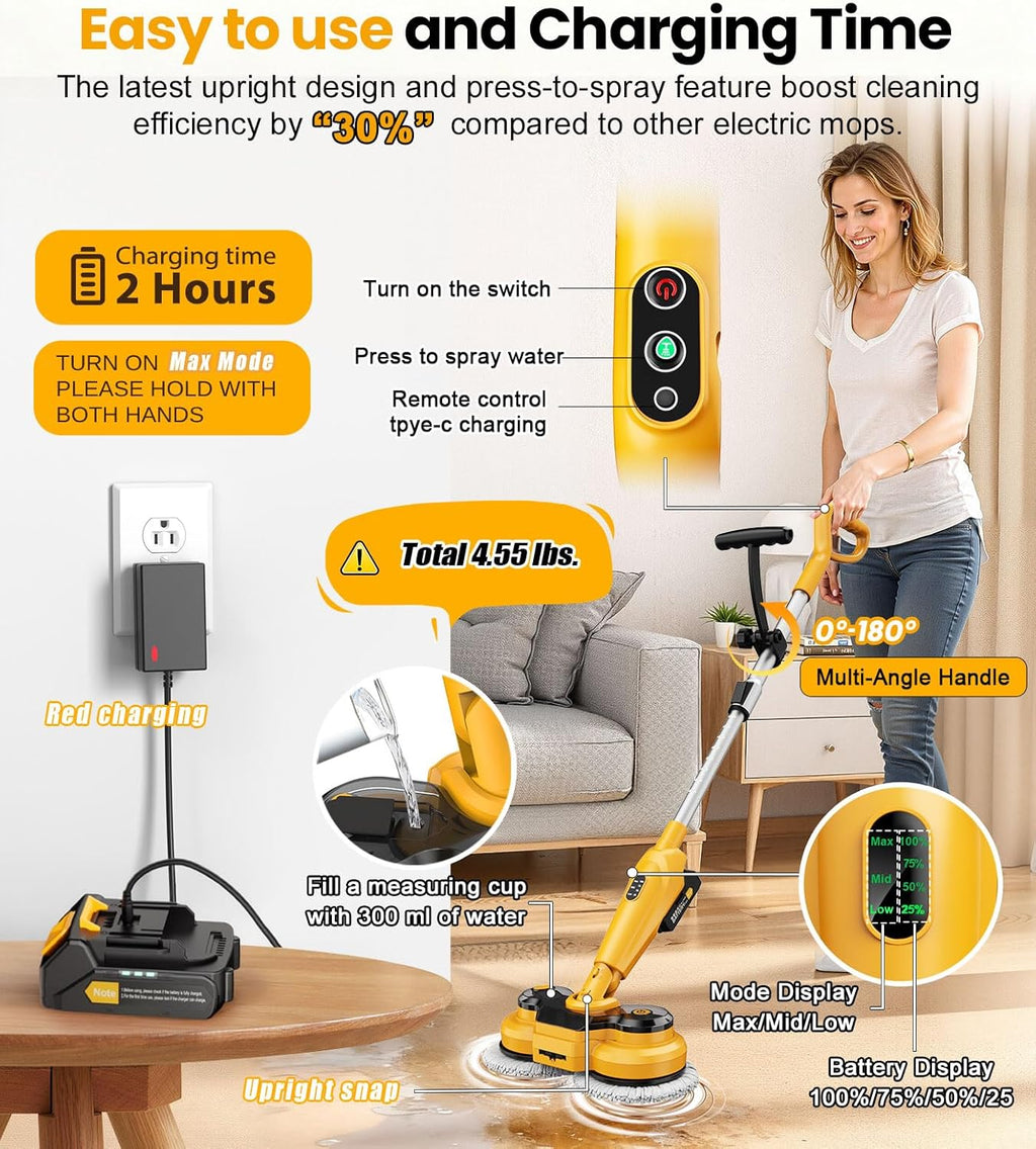 Qimedo Cordless Electric Mop M3 Pro - 6000mAh Battery, 800RPM Power Scrubber with Smart Display & LED Light