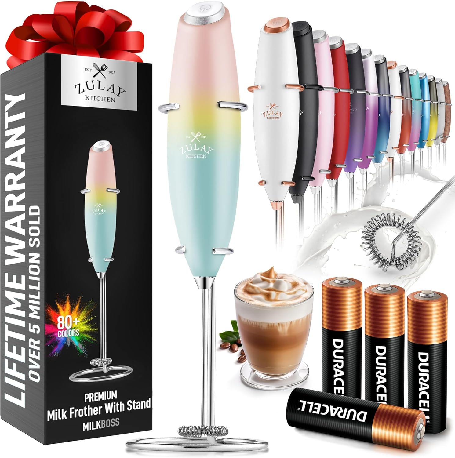 Zulay Kitchen Milk Frother Wand - Ultra Fast Handheld Electric Whisk for Coffee, Lattes & Cappuccino - Includes 4 AA Batteries