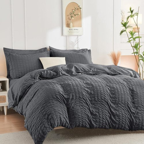 HYMOKEGE Queen Size Duvet Cover Set - Ultra Soft 3-Piece Seersucker Bedding in Dark Grey | Zipper Closure & 8 Corner Ties