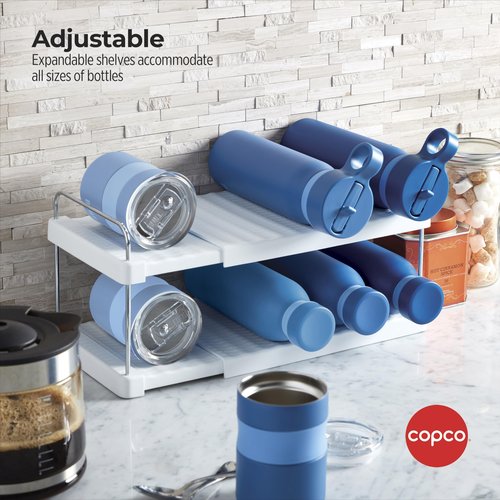 Copco Adjustable Reusable Bottle Organizer - Expandable Storage Solution for Travel Mugs, Thermoses, and Water Bottles, White