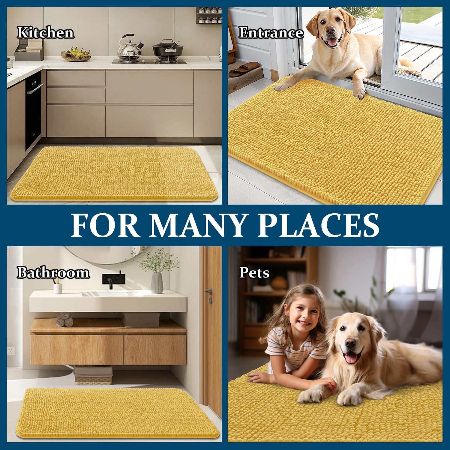 OLANLY Dog Door Mat - Absorbent Non-Slip Chenille Mat for Muddy Paws | 24x16 Yellow Quick Dry Design