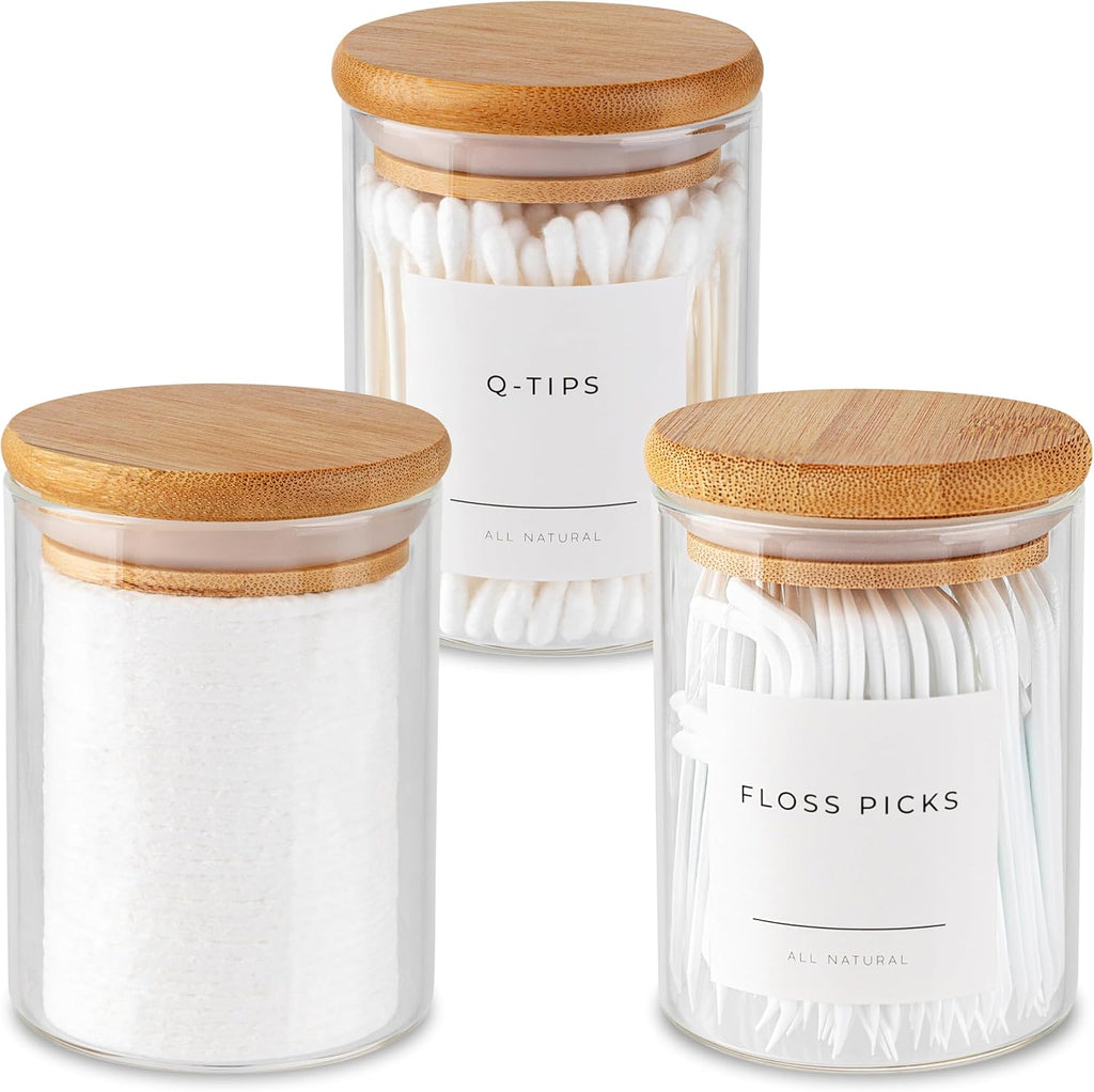 Vase and Vessel Mini Glass Apothecary Jars - Bamboo Lids for Stylish Storage | Set of 3, 10 oz