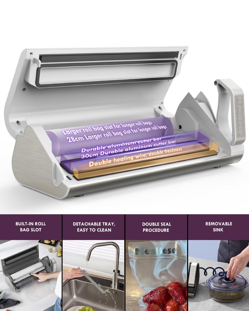 Mesliese Vacuum Sealer Machine, 95kPa 140W Double Seal Powerful Food Sealer, One Hand Operation Food Storage with Build-in Cutter & Roll Storage, ETL Tested (White)