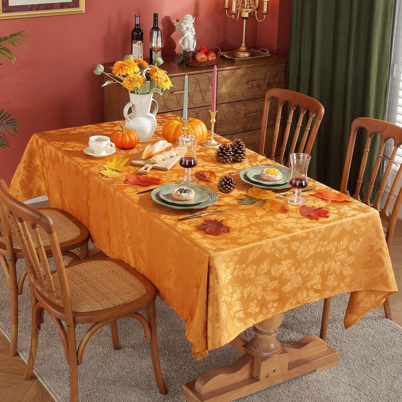 SASTYBALE Maple Leaves Jacquard Thanksgiving Tablecloth Rectangle Oil/Water Proof Fabric Damask Table Cloth for Fall, Autumn, Harvest, Rectangular/Oblong 52 x 70 Inch Amber