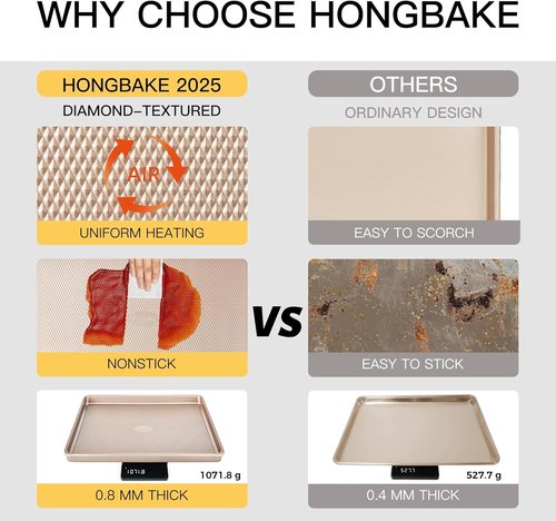 HONGBAKE Nonstick Baking Sheet Pan Set - 3 Heavy-Duty Cookie Sheets with Diamond Texture | Champagne Gold