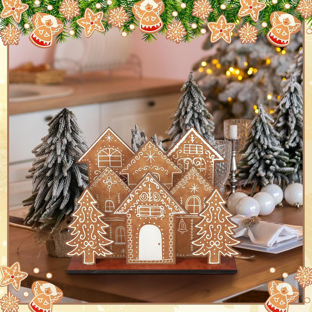 Threehoney Christmas Gingerbread House Table Decorations - 8 Pcs Wooden Centerpiece for Holiday Decor
