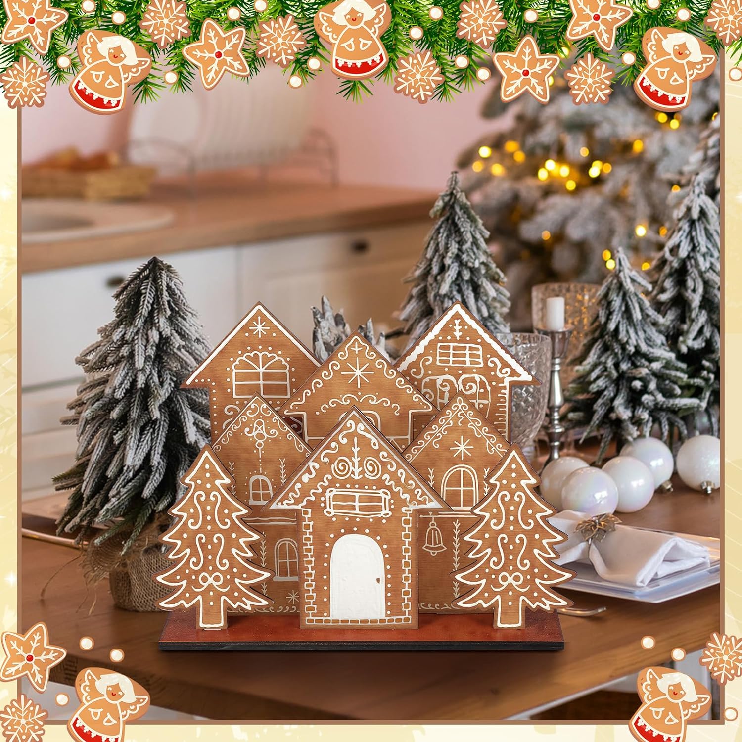 Threehoney Christmas Gingerbread House Table Decorations - 8 Pcs Wooden Centerpiece for Holiday Decor