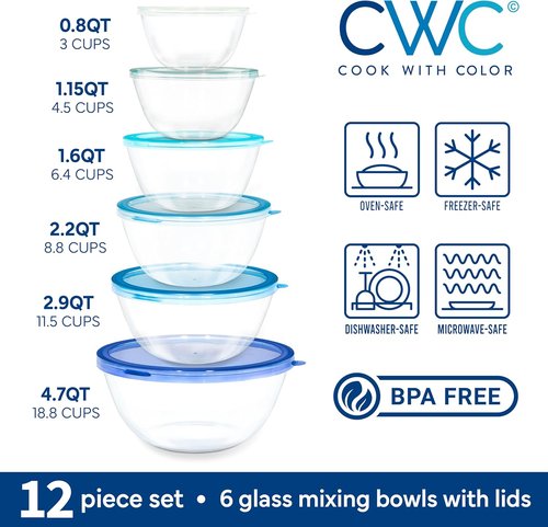 Cook With Color 12-Pc Glass Mixing Bowl Set - Borosilicate Nesting Bowls with Lids for Cooking & Baking