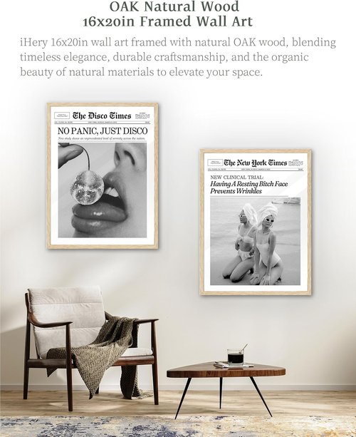 iHery Wall Art | Trendy Framed Canvas Decor - Prevents Wrinkles, Natural Oak, Large 16x20in