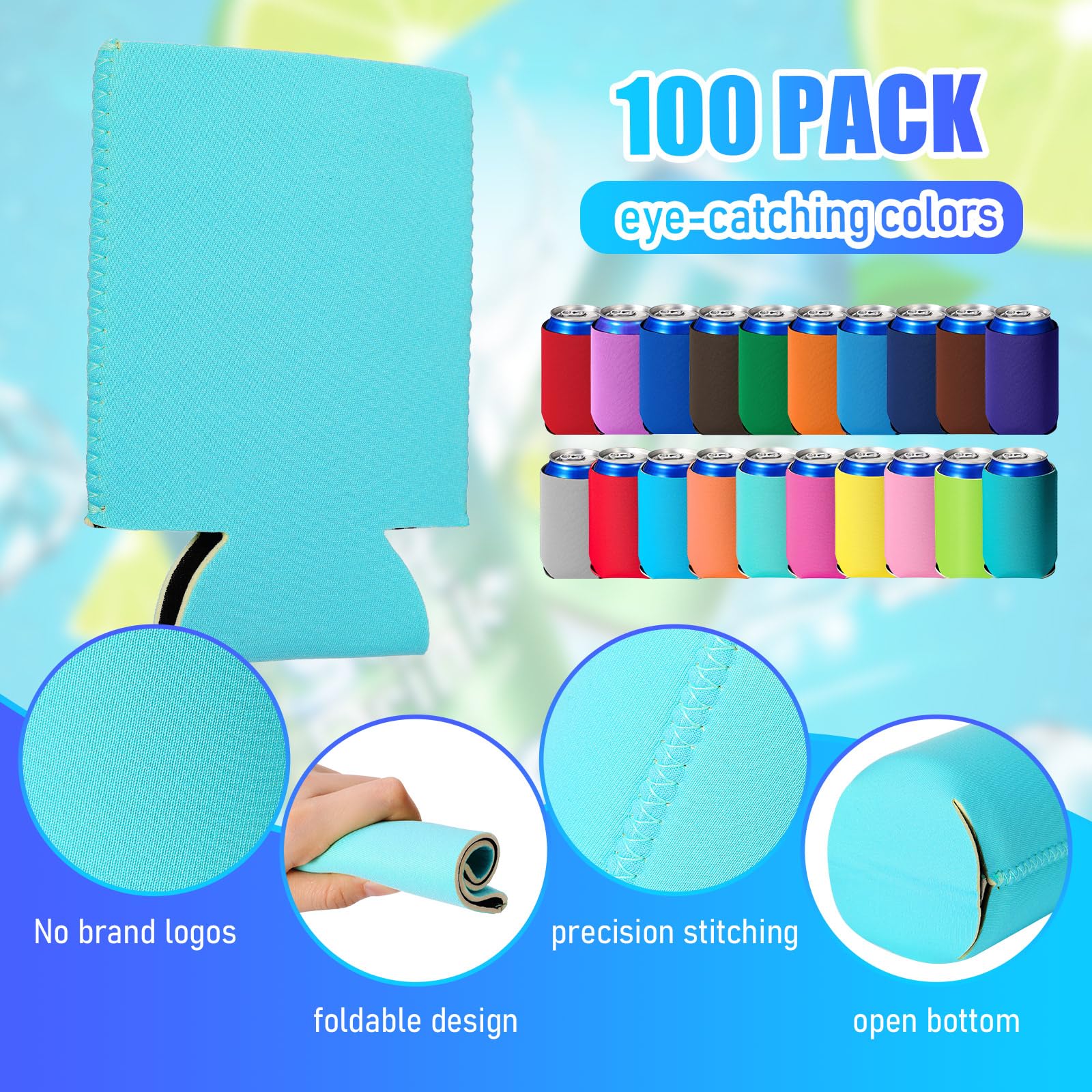 100 Pack Blank Can Cooler Sleeves Neoprene Insulated Beer Sleeves for Can Cooler Sleeves Sublimation Sleeves for Soda Drink Water Bottle Birthdays Weddings Bachelorette Party (Vivid Colors)