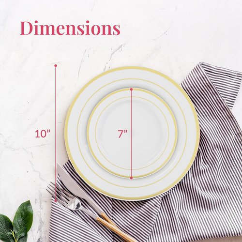 Prestee 50-Piece Disposable Plates Set - White with Gold Rimmed Plastic Plate for Parties, Holidays, Weddings - Includes 25 Dinner Plates and 25 Small Salad Platter - Ideal Thanksgiving Plate