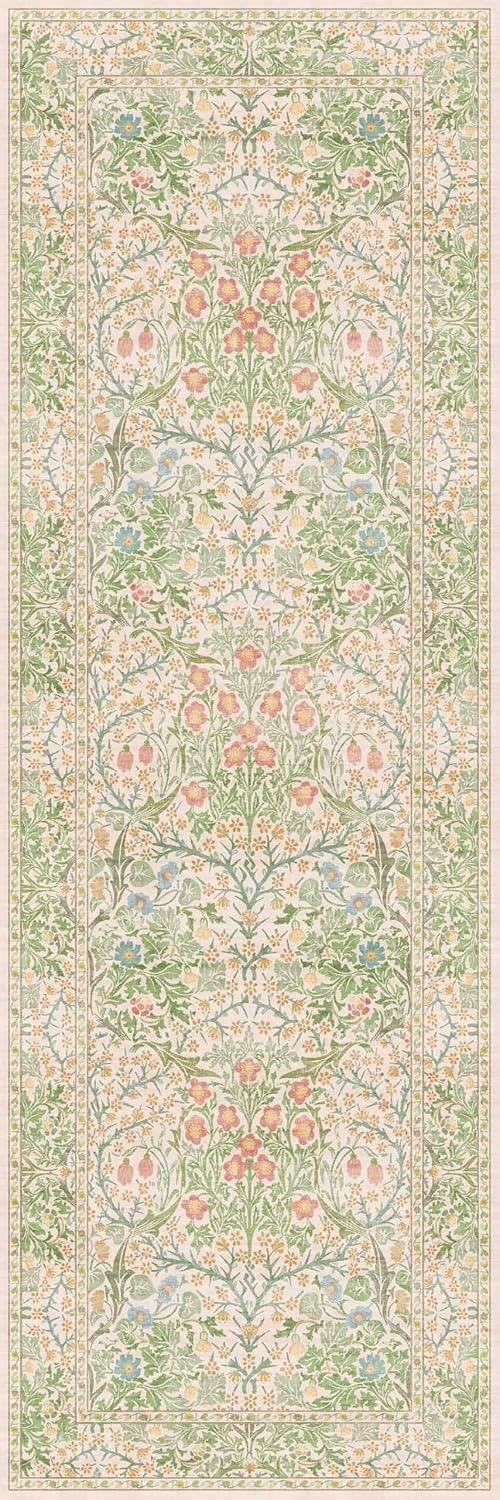Hazo Haus Non-Slip Bathroom Runner Rug - Vintage Floral Design | Washable 24 x 72 Inch Mat in Beige Green