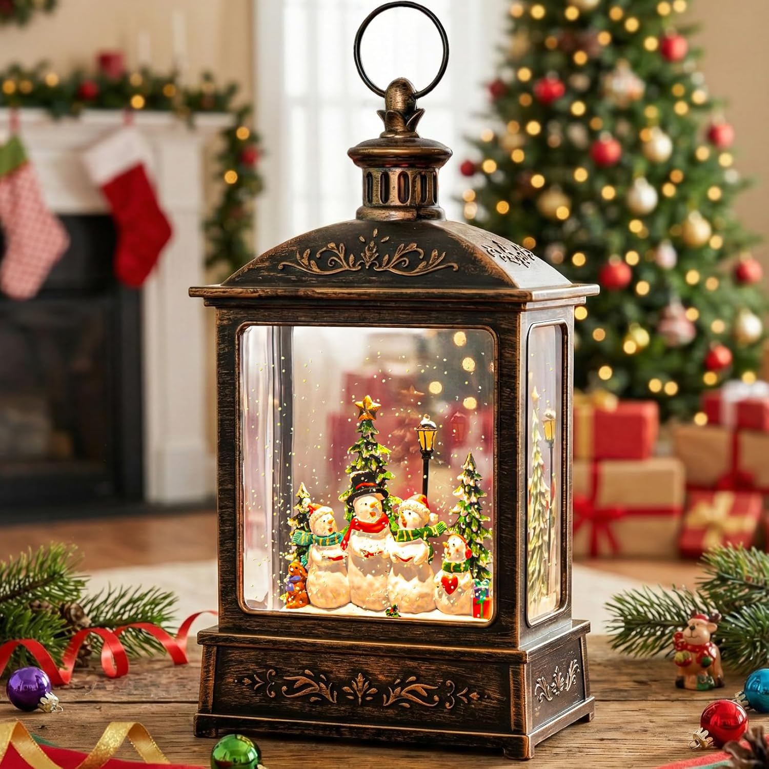 Skiennix 12.5'' Christmas Snow Globe Lantern - Lighted Snowman Choir with Musical Features | Battery Operated & USB Powered Home Decoration