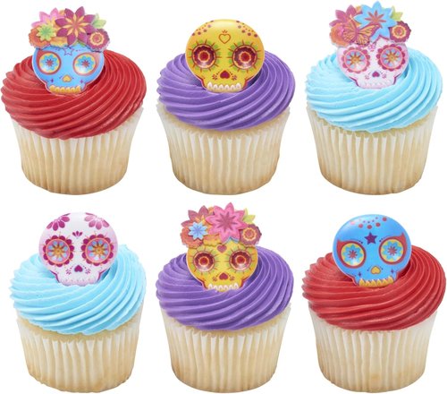 DecoPac Calavera Mask Cupcake Toppers - 24 Día de los Muertos Skull Rings for Parties & Celebrations