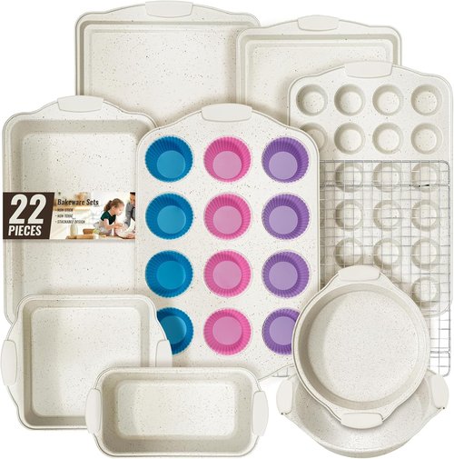 AIVIKI Nonstick Baking Pans Set - 22-Piece Stackable Bakeware with Silicone Handles & Versatile Cookware