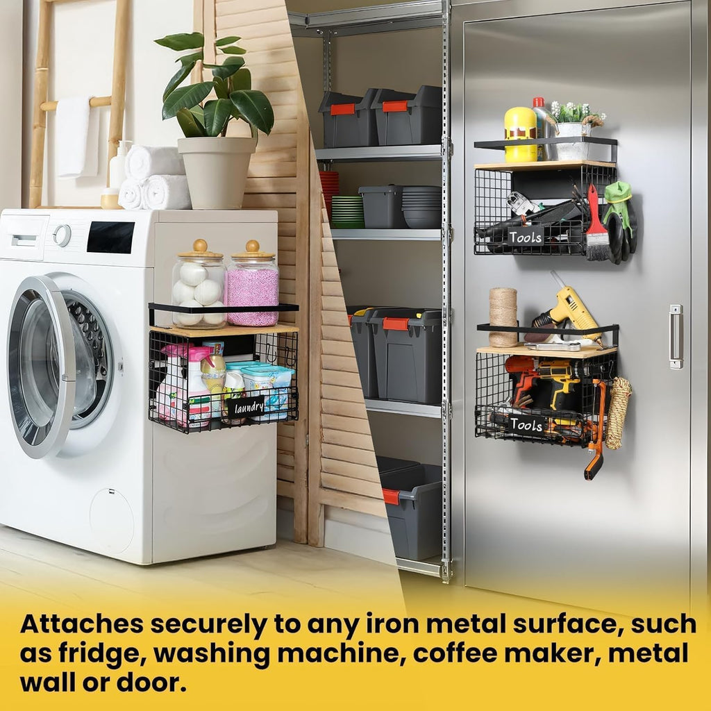 WIDER SHELF Magnetic Spice Rack - XXL Large Fridge Shelf Basket with Bamboo Top & Tag | Kitchen Organizer
