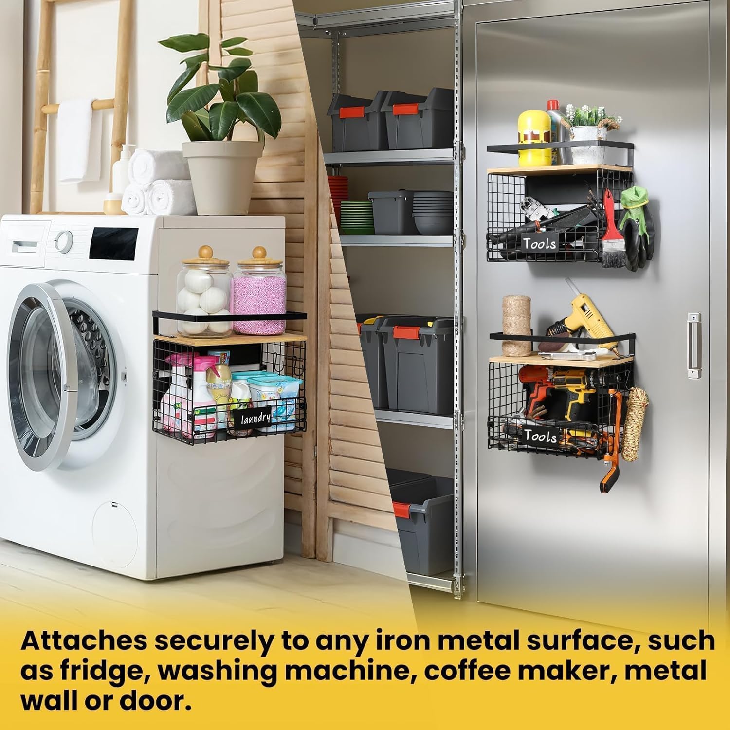 WIDER SHELF Magnetic Spice Rack - XXL Large Fridge Shelf Basket with Bamboo Top & Tag | Kitchen Organizer