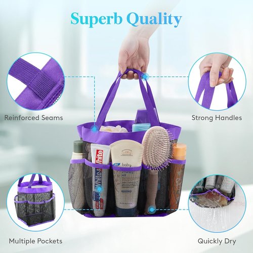 Lifewit Portable Mesh Shower Caddy - Quick Dry Tote Bag with 7 Pockets for College & Travel | Purple