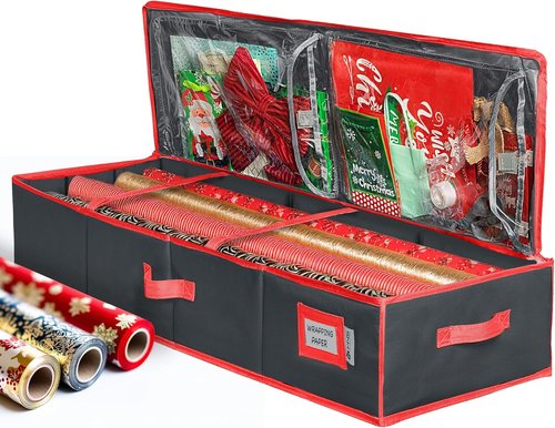 HOLDN’ STORAGE Premium Wrapping Paper Storage Container - Durable 600D Tear-Proof Design | Fits 27 Rolls, Extra Pockets for Ribbons & Bows, Black