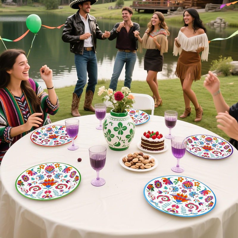 Grencian 60Pcs Mexican Fiesta Paper Plates 9" Heavy Duty Disposable White Mandala Floral Platters Cinco de Mayo Dessert Plates for Cinco De Mayo Taco Tuesday Birthday Party Supplies Decoration