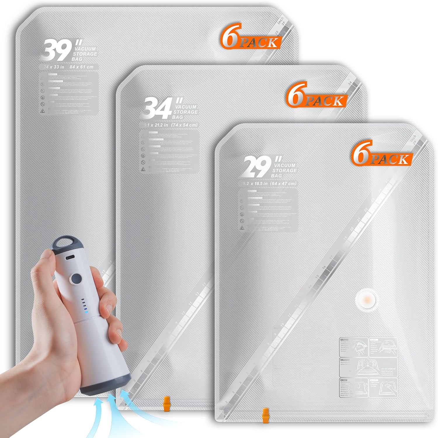 Vacbird Vacuum Storage Bags - 18 Pack with Rechargeable Wireless Pump | Large, Medium & Small Sizes for Clothing, Bedding & Travel