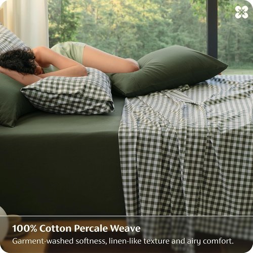 Bedsure 100% Washed Cotton Percale Sheets - Soft Gingham Queen Set with 18" Deep Pockets (Olive Green)