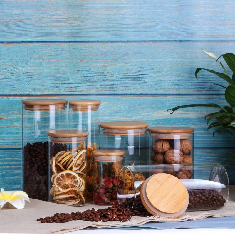 IDEALUX Glass Storage Jars Set of 2(25oz/750ml) with Airtight Seal Wooden Lid Stackable Kitchen Canisters for Candy, Coffee Bean Cookie, Rice, Sugar, Flour, Pasta, Nuts, Coffee