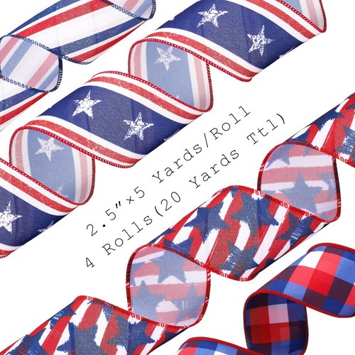 LaRibbons Patriotic Ribbon - Wired 2.5 Inch x 20 Yards, Red White Blue Star & Stripe for 4th of July Decor